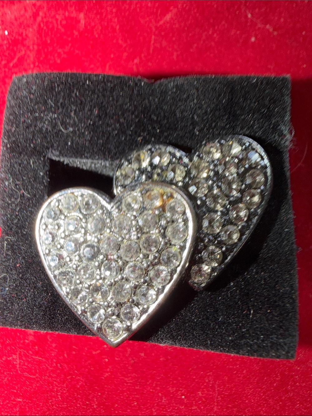 Sparkling Double Heart Clear & Charcoal Crystal Ring SZ 7, (J0296)